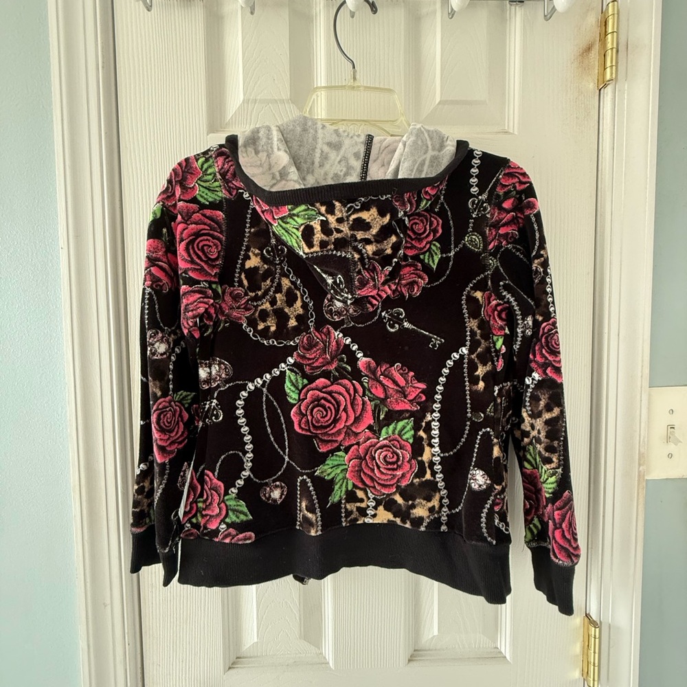Y2K Velour Zip-Up Hoodie – Rose & Leopard Print - Picture 2 of 4